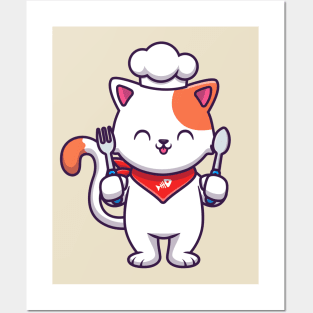 Cute Cat Chef Holding Fork And Spoon Posters and Art